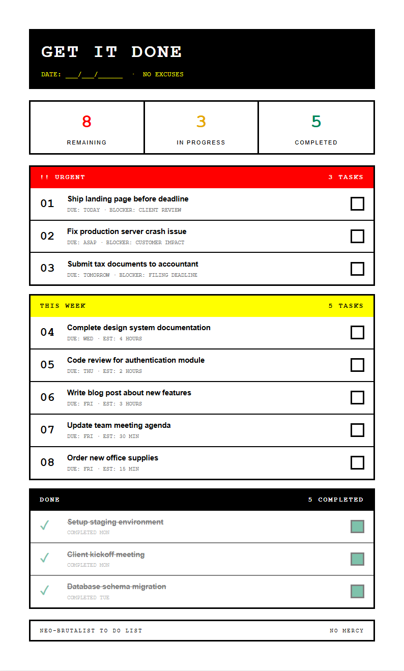 Neo brutalist to do list with bold blocks